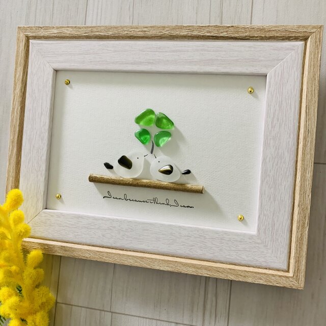 シーグラスアート シマエナガペア 四葉のクローバー インテリア雑貨