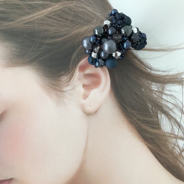 シュシュ  ヘアゴム  ビーズ  マーブルブルー ヘアゴム＊ハーフシュシュ◇花柄ミックスブルー◯スワロフスキー