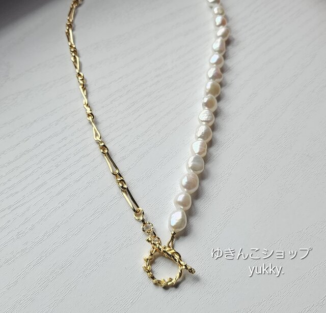 1513 高品質淡水とボックスチェーンコンビネックレス 淡水バロックパール✽コンビチェーンネックレス☆ | iichi 日々