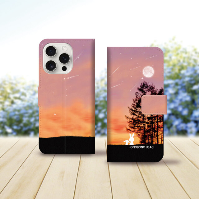 iPhoneスタンダード手帳型スマホケース （カメラ穴あり/はめ込みタイプ）【ほのぼのうさぎ（Evening Moon）】