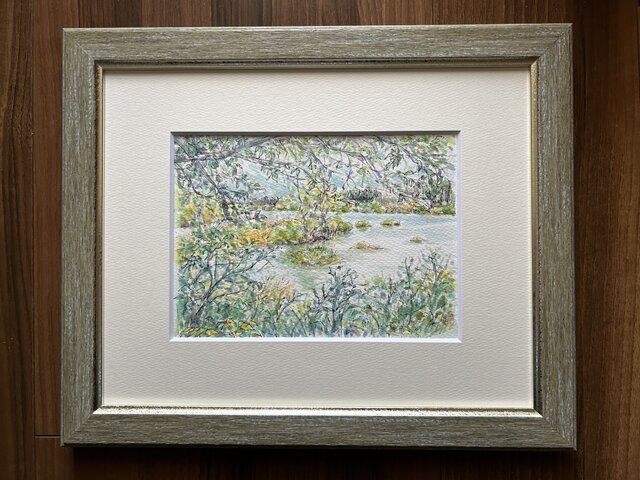 静かな湖畔(宮城県、透明水彩、原画、額付き） | iichi 日々の暮らしを