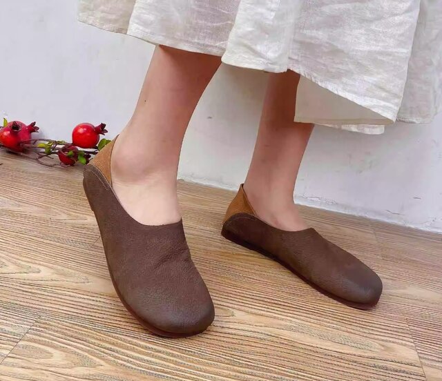 受注製作】丸トウシューズ 手製牛革レザー ストラップ 靴 ブラウン