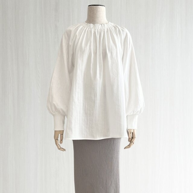 クルーギャザーボリューム袖長袖プルオーバー_オーガニック綿100%_White