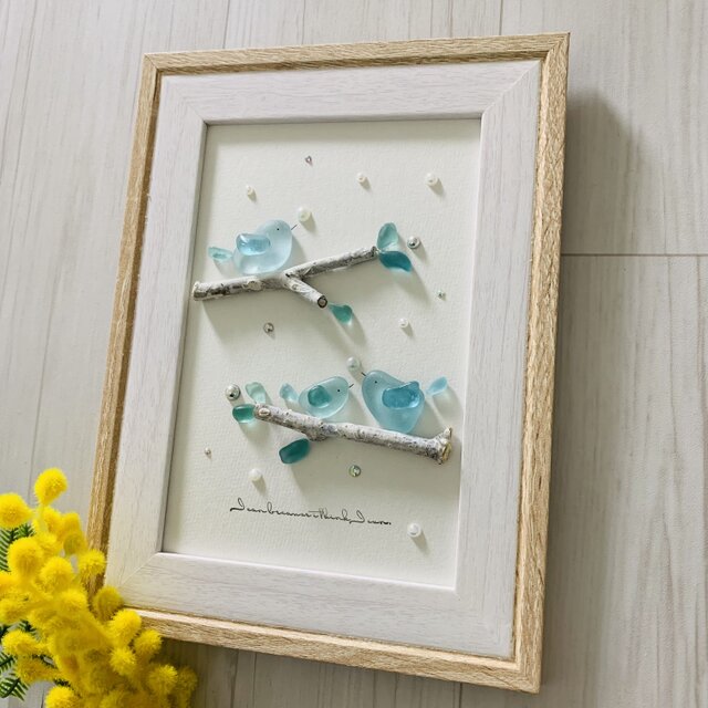 シーグラスアート インテリア雑貨 小鳥家族 観葉植物 小鳥 置物 北欧