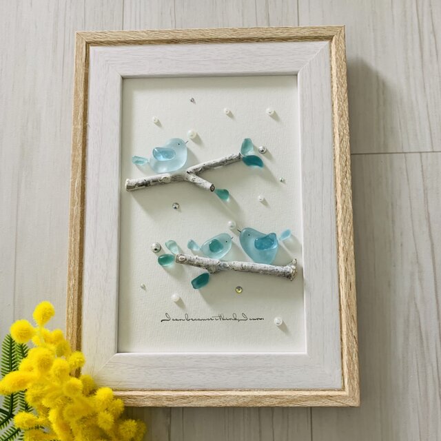 シーグラスアート インテリア雑貨 小鳥家族 観葉植物 小鳥 置物 北欧