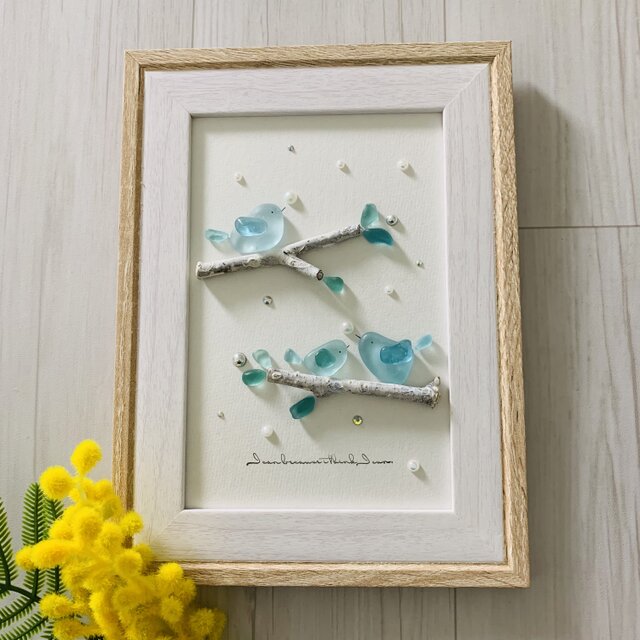 シーグラスアート インテリア雑貨 小鳥家族 観葉植物 小鳥 置物 北欧