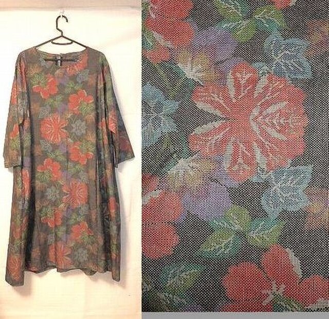 着物リメイク♪花柄が素敵な大島紬フレアーワンピース♪ハンドメイド