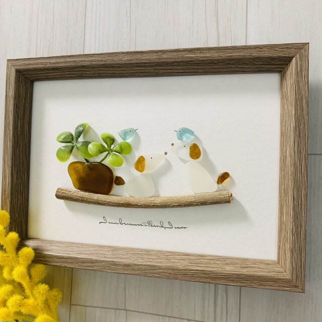 シーグラスアート 犬ペア 幸せの青い鳥 インテリア雑貨 置物