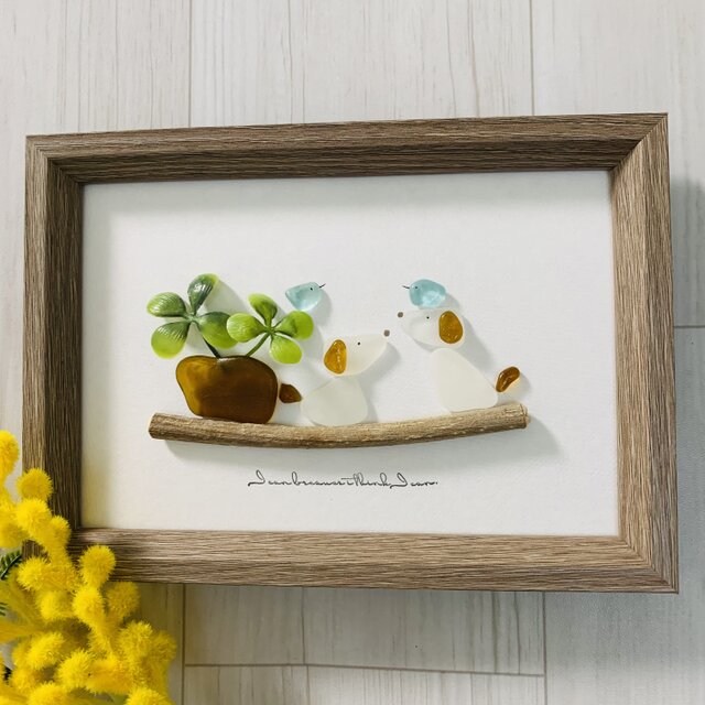 シーグラスアート 犬ペア 幸せの青い鳥 インテリア雑貨 置物 観葉植物