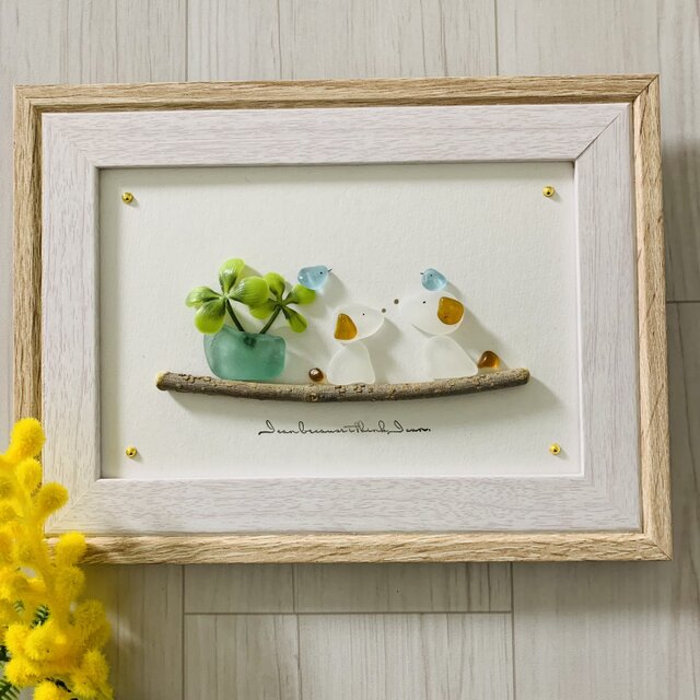 シーグラスアート 犬ペア 幸せの青い鳥 インテリア雑貨 置物 観葉植物