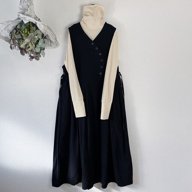 honakana 綿麻ジャンパースカート　-ブラック-