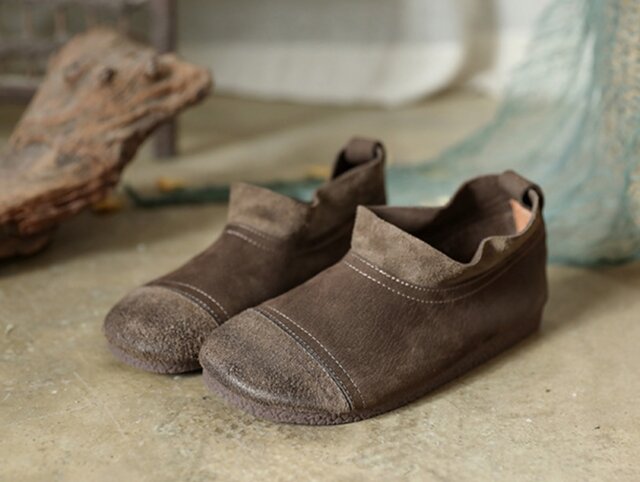 受注製作】丸トウシューズ 手製牛革レザー スエード調 靴 茶色