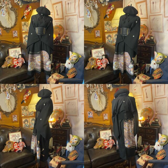 彩　着物リメイク♪ 化繊黒留袖からタックワンピース❣️ 着物リメイク タック ワンピース 黒留袖 ドレス ロング Aライン