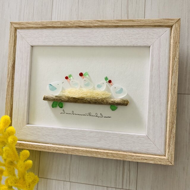 シーグラスアート 海の宝石 幸せの青い鳥の家族 子育て インテリア雑貨