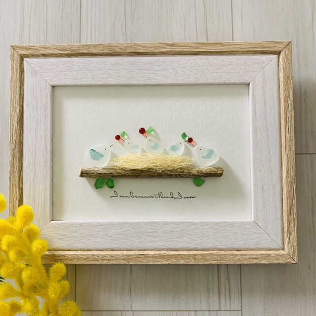 シーグラスアート 海の宝石 幸せの青い鳥の家族 子育て インテリア雑貨