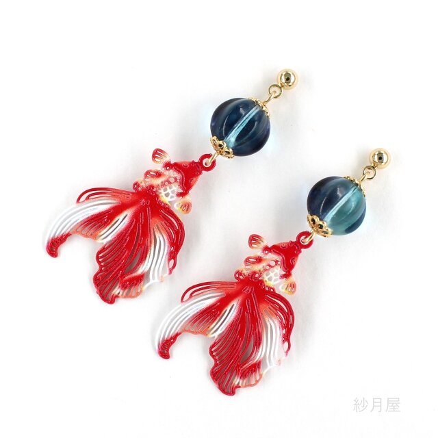 和風　鬼灯（クリアマット）金魚ピアス　イヤリング（ハンドメイド） 和風 鬼灯（クリアマット）金魚ピアス イヤリング（ハンドメイド