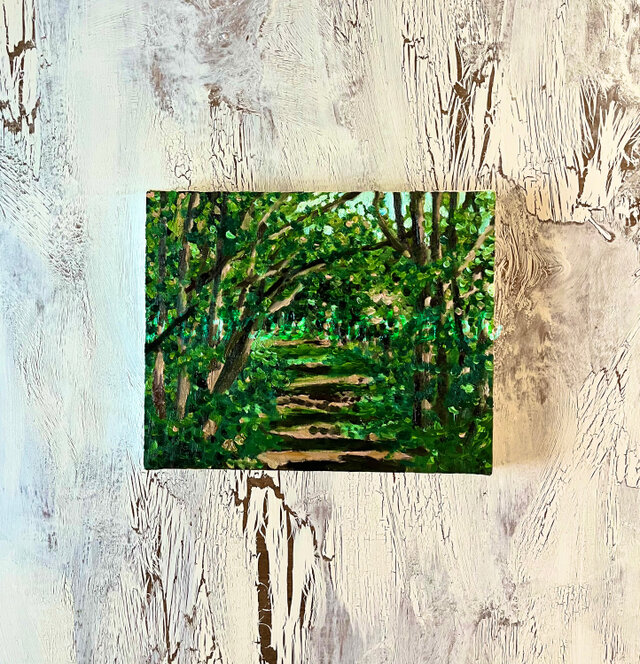 原画・油彩「森の散歩道」絵画・F3（22×27㎝）アート・キャンバス
