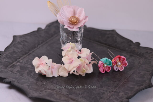 胡蝶蘭と紫陽花のヘッドドレス ウェディング ヘアアクセサリー 造花 髪