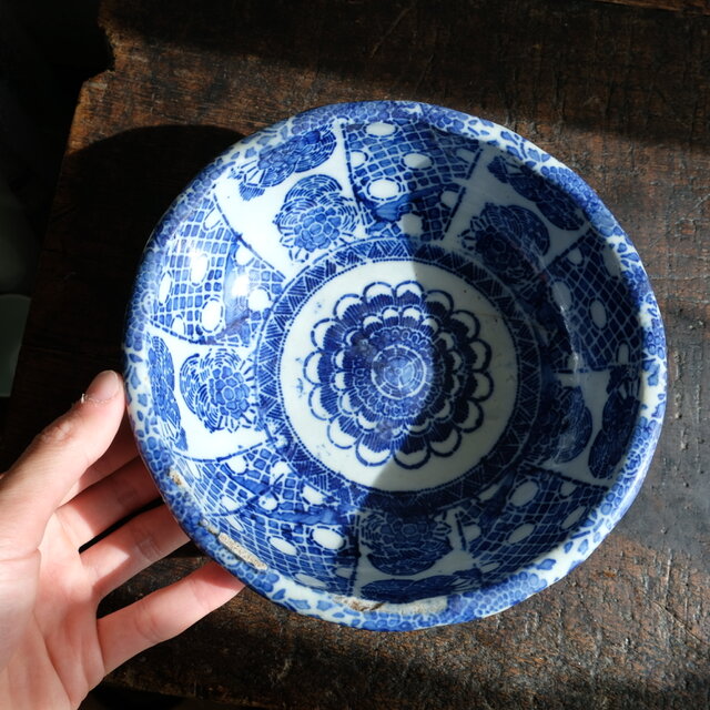 特価¥1500→￥500】見込みに花文様◇伊万里 印判六寸鉢 骨董