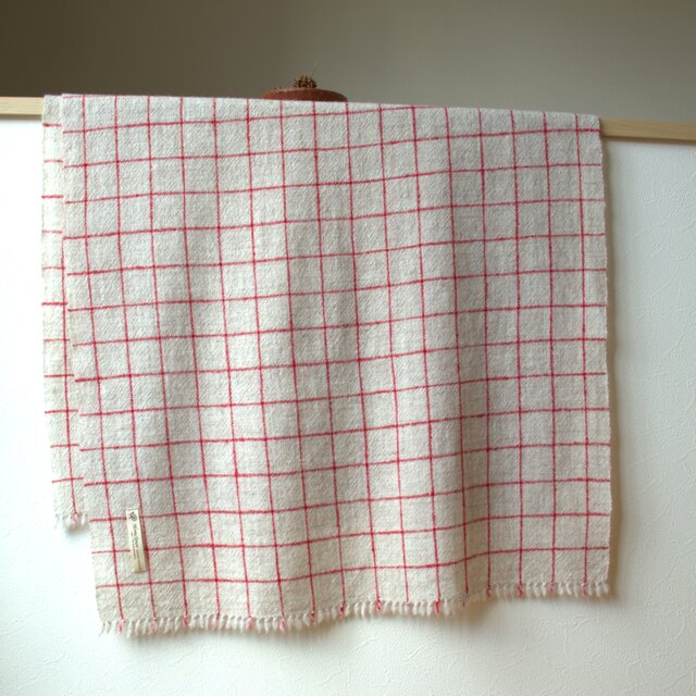 ホームスパン大判ストール　ナチュラルベージュ・赤格子
