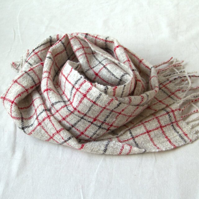 ホームスパンマフラー　ナチュラルグレー・赤格子