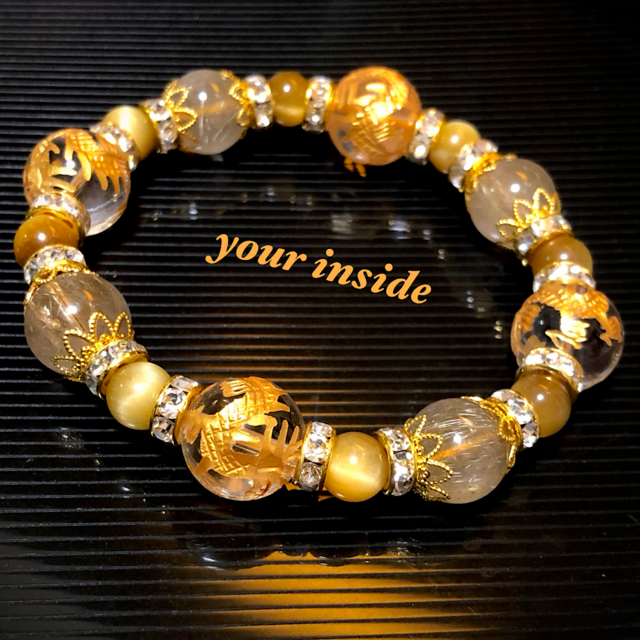 天然石ルチルクォーツ共生水晶の龍 置物 彫物NO.111301 金色 龍彫り