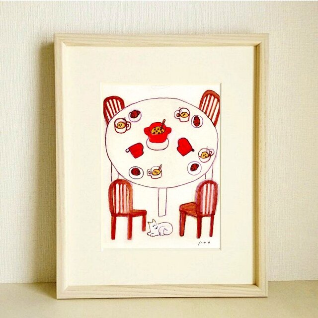 犬の絵｜原画「朝の食卓」※木製額縁入り（インチサイズ）