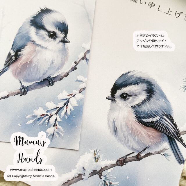 可愛い 寒中見舞い 雪 と 小鳥 水彩画 イラスト アート 2枚 ハガキ