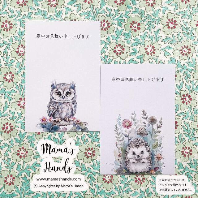 可愛い 寒中見舞い フクロウ ＆ ハリネズミ 水彩画 ボタニカル イラスト アート 2枚 ハガキ ポストカード セット