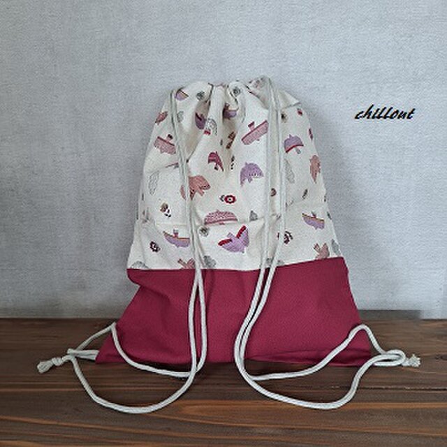 入園：ピンクの鳥×パープルの切替ナップザック【0067】