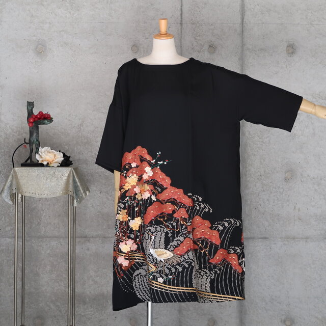 黒留のワンピース/Lサイズ〜　 ゆったり目　 kimono　着物リメイク