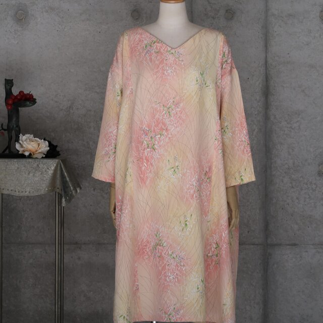 着物リメイクワンピース3543 着物リメイクワンピース3543 着物リメイク 桜色のワンピース ゆったり