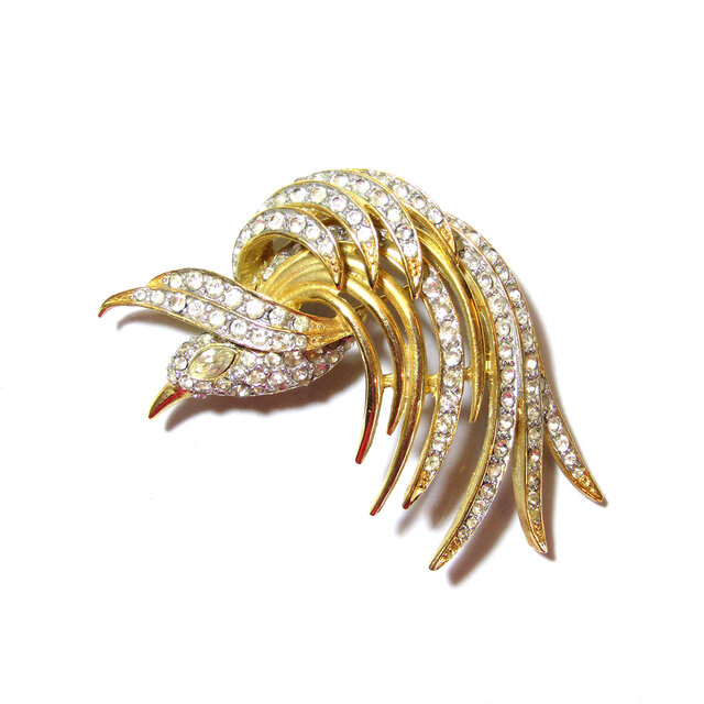 50s Vintage Rhinestone Gold Tone Bird Motif Brooch