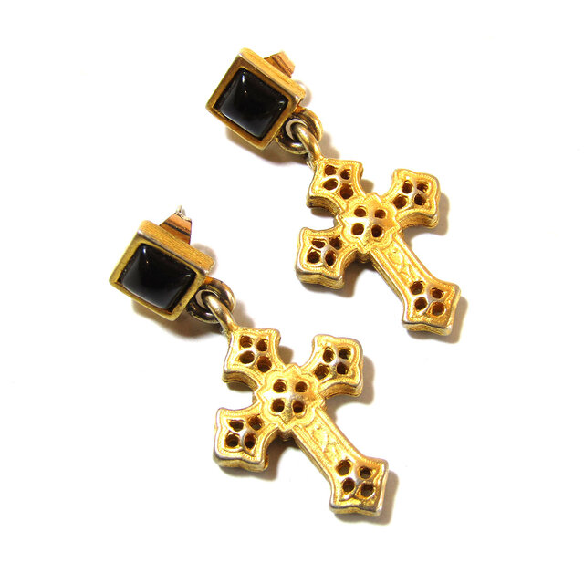 80s Vintage Onyx Gold Tone Cross Motif Earrings