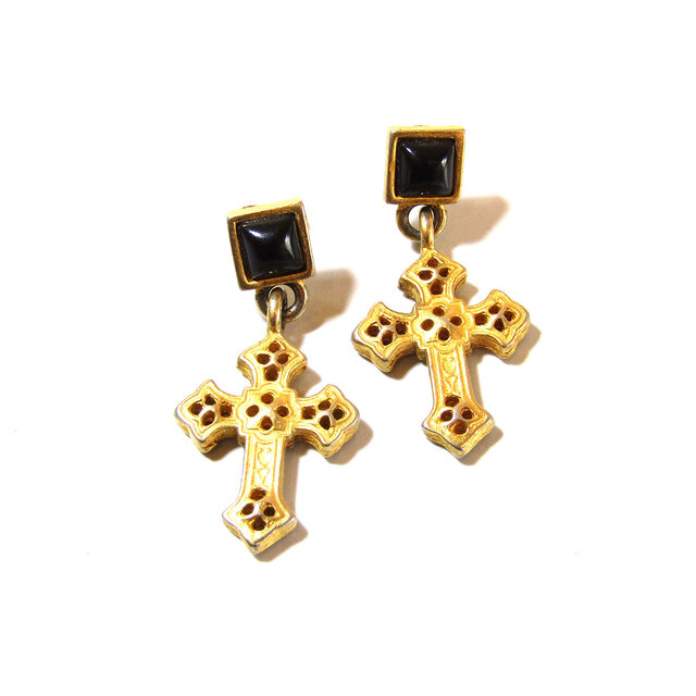 80s Vintage Onyx Gold Tone Cross Motif Earrings | iichi 日々の