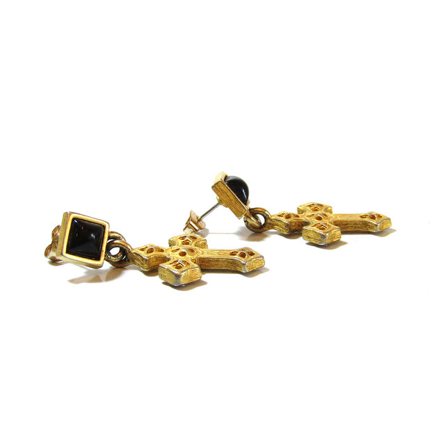 80s Vintage Onyx Gold Tone Cross Motif Earrings | iichi 日々の