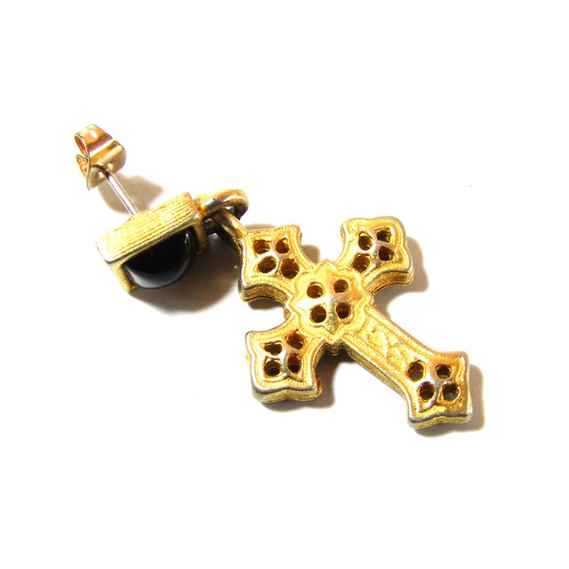 80s Vintage Onyx Gold Tone Cross Motif Earrings | iichi 日々の