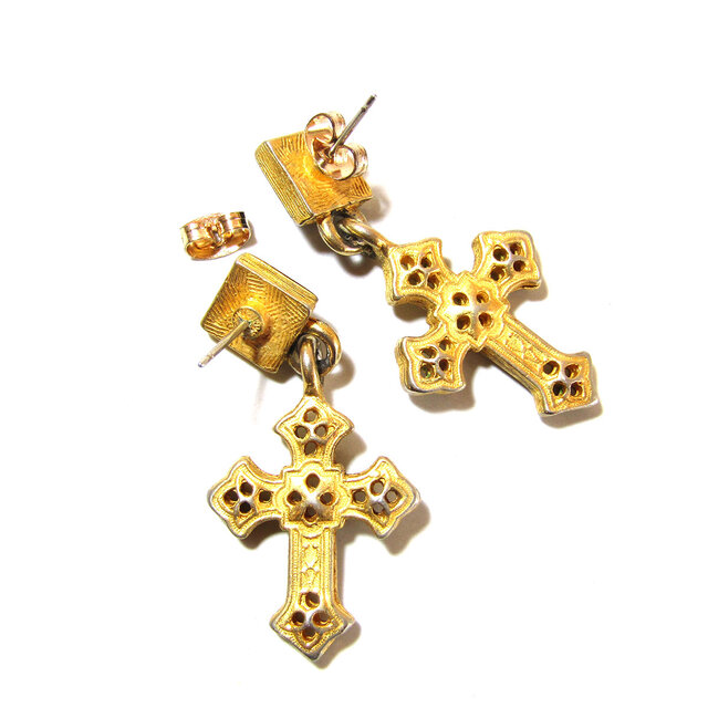 80s Vintage Onyx Gold Tone Cross Motif Earrings | iichi 日々の