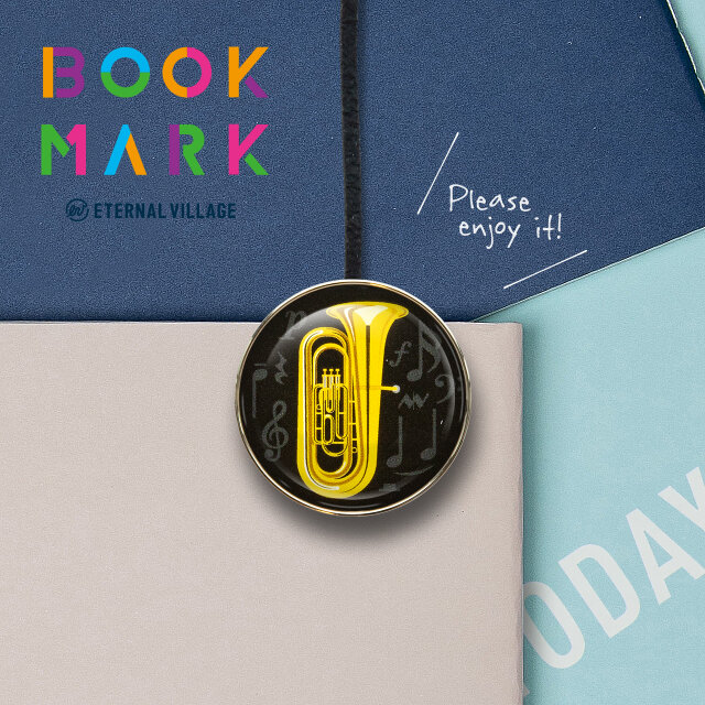 「音楽の響きを感じる栞：チューバ柄のクリップ型ブックマーク」No.242