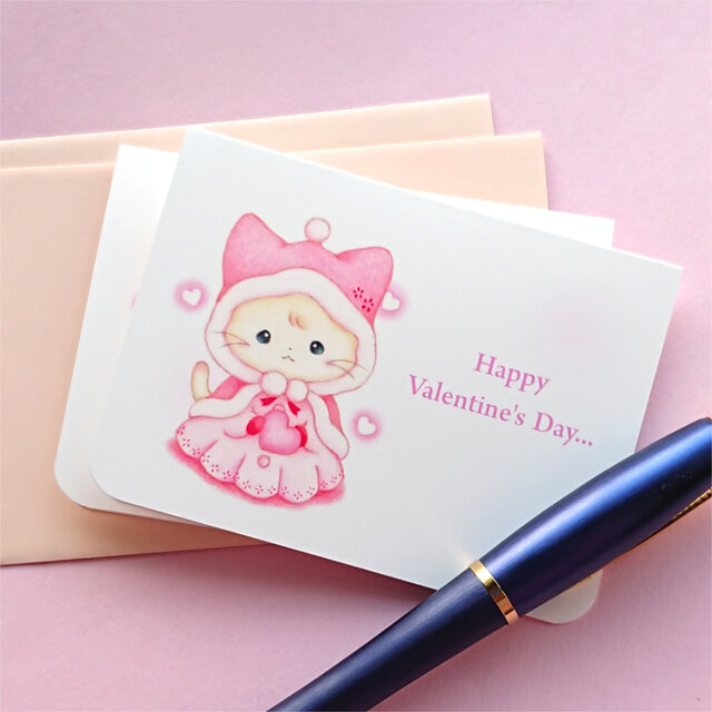 ミニメッセージカード 桃色猫ちゃん ２枚入「Happy Valentine’s Day」「for you」