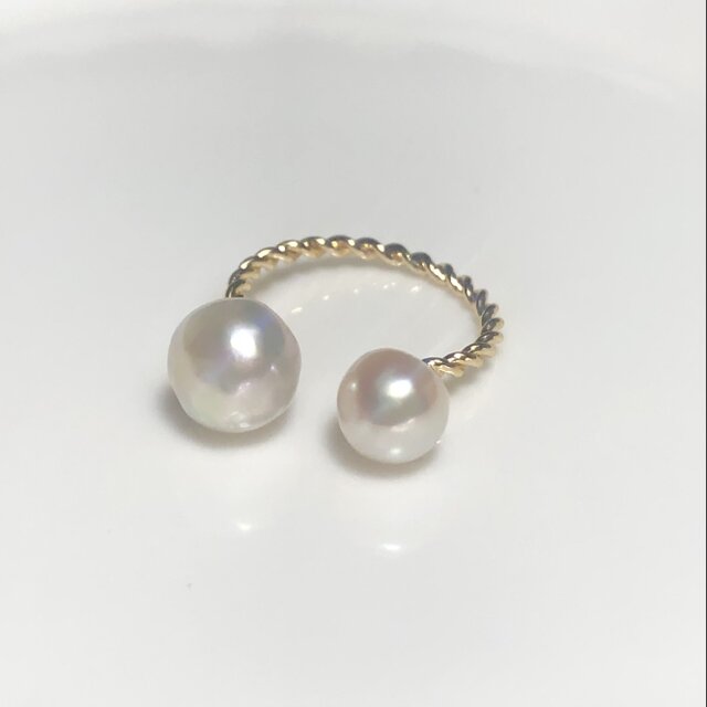 天然あこや　本真珠　アコヤ　あこやパール　指輪　シェル　ビジュー　バロックパール　ダブルわ