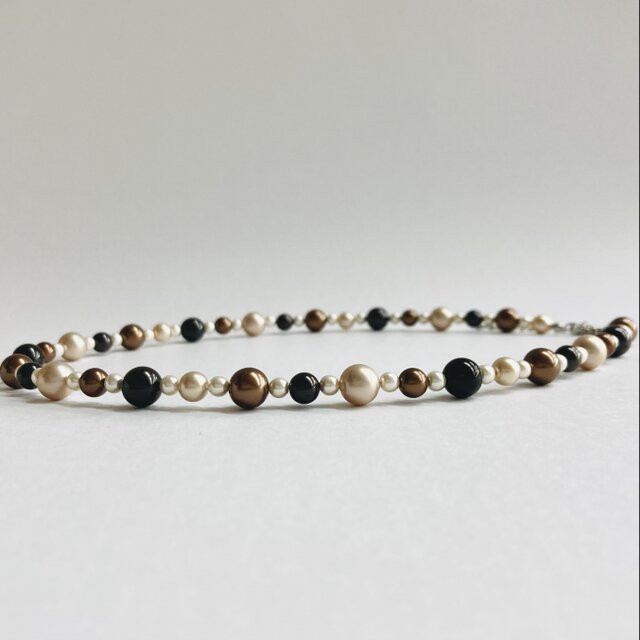 ガラスパールmixカラーネックレスM/8mm約45cm+5cm/ブラウンｘベージュmix/R/made in japan
