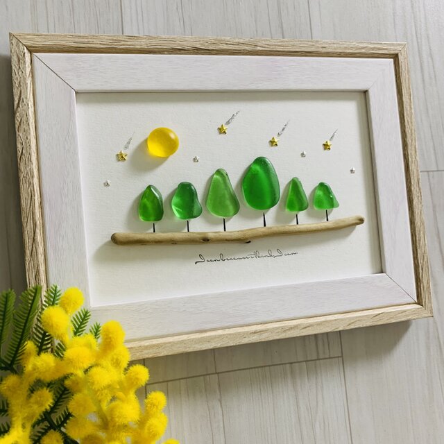 お月見 シーグラスアート インテリア雑貨 癒しの森 星に願いを 観葉植物 置物 北欧ガラス細工 贈り物 プレゼント