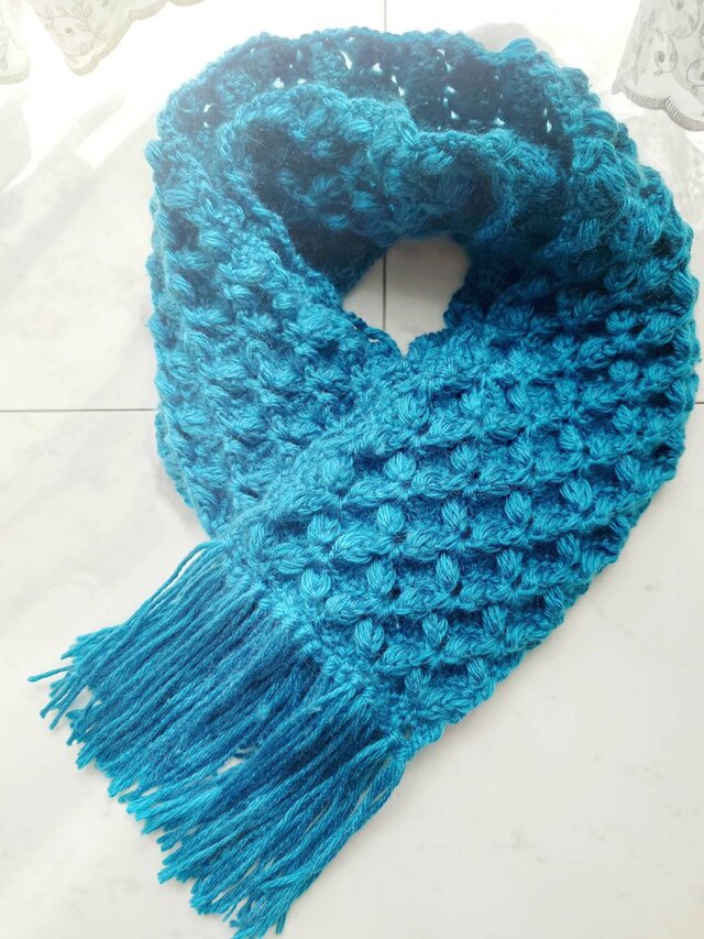 マフラー バタフライ お花 柄 模様 ブルー フリンジ 青 編み 手編み 編み物