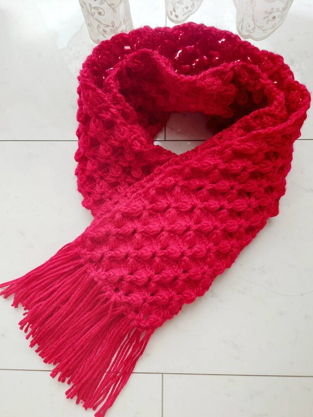 マフラー バタフライ お花 柄 模様 赤 レッド フリンジ 編み 手編み 編み物