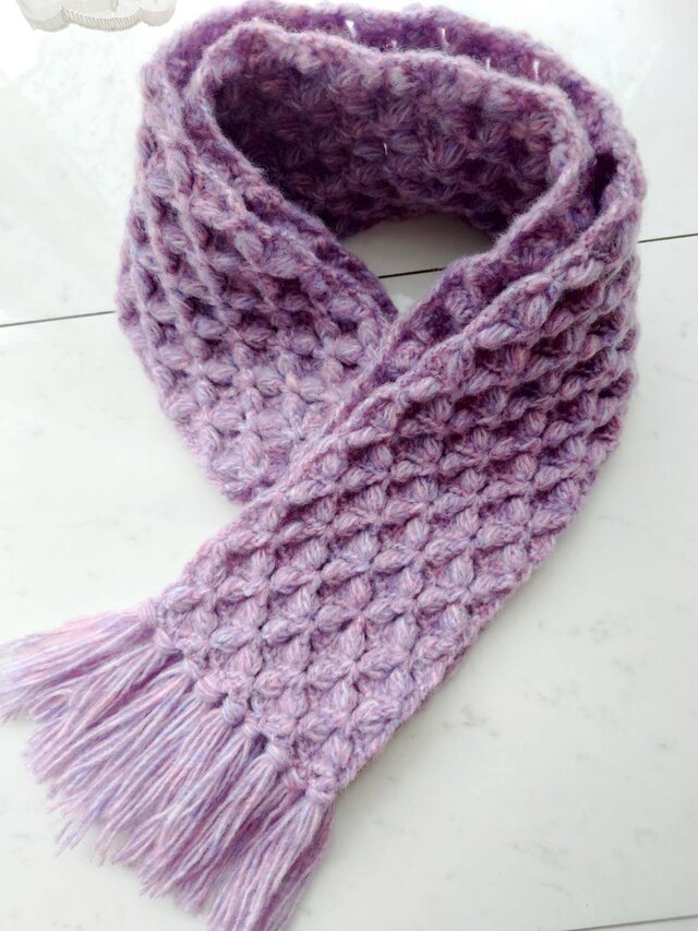 マフラー バタフライ お花 柄 模様 紫MIX ふわふわ モヘア フリンジ 編み 手編み 編み物