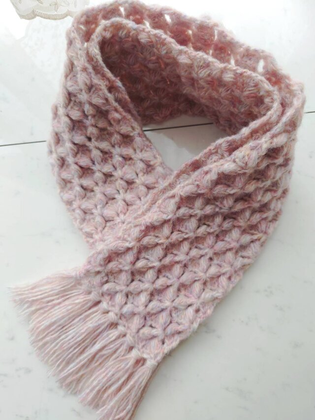 マフラー バタフライ お花 柄 模様 ふわふわ モヘア ピンクMIX フリンジ 編み 手編み 編み物