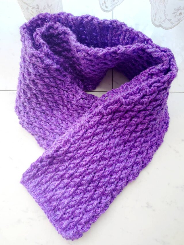 マフラー アルパインステッチ 紫 パープル 模様 柄 編み 手編み 編み物