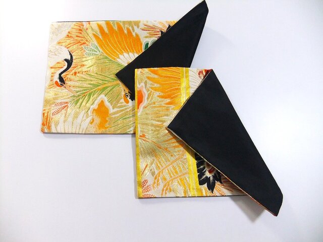 16)2135】2枚組/大正昭和時代の丸帯のリメイク鶴文様/テーブルセンター