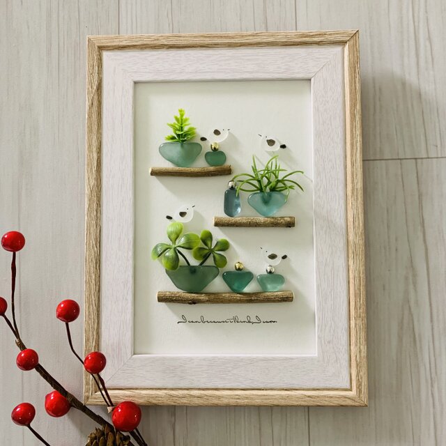 シーグラスアート 海の宝石 シマエナガ インテリア雑貨 書斎 観葉植物